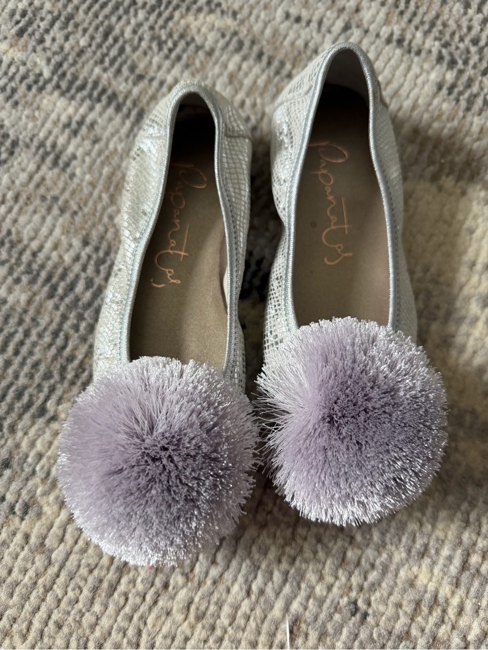 Sparkle Pom-Pom Kids Moccasins in Silver with Lilac Accent Papanatas Size-28